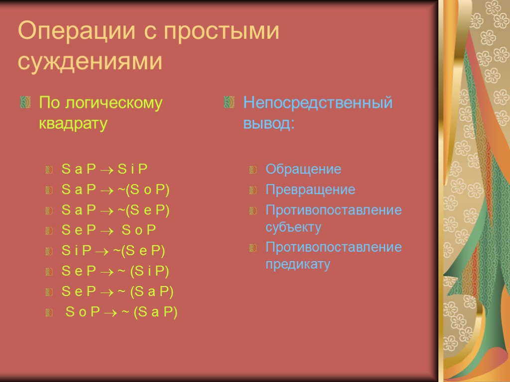 Операции с простыми суждениями По логическому квадрату S a P  S i P